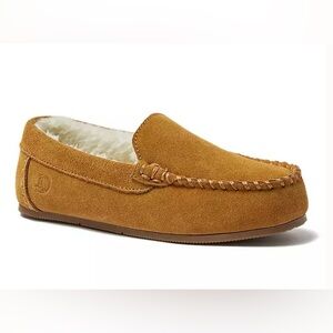 Lands End Kids Tan Fuzzy Lined Suede Moccasin Slippers size 3
